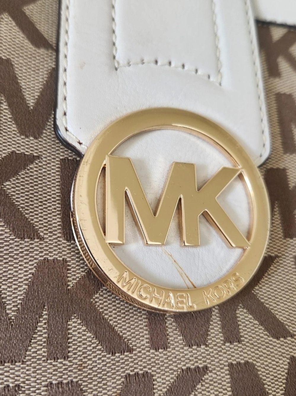 Michael Kors Cream & Brown MK Logo Satchel with Gold Hardware - Picture 2 of 16
